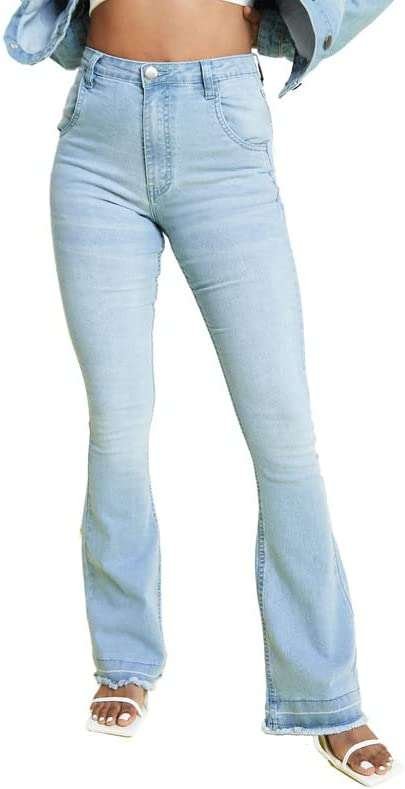 JMOJO - Flared Jeans for Women - High Waisted Jeans with Internal Waist Adjusters - Stretch Jeans for Women UK with 5 Pocket Design & Belt Loops - High Rise Frayed Hem Flared