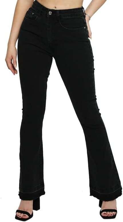 JMOJO - Flared Jeans for Women - High Waisted Jeans with Internal Waist Adjusters - Stretch Jeans for Women UK with 5 Pocket Design & Belt Loops - High Rise Frayed Hem Flared