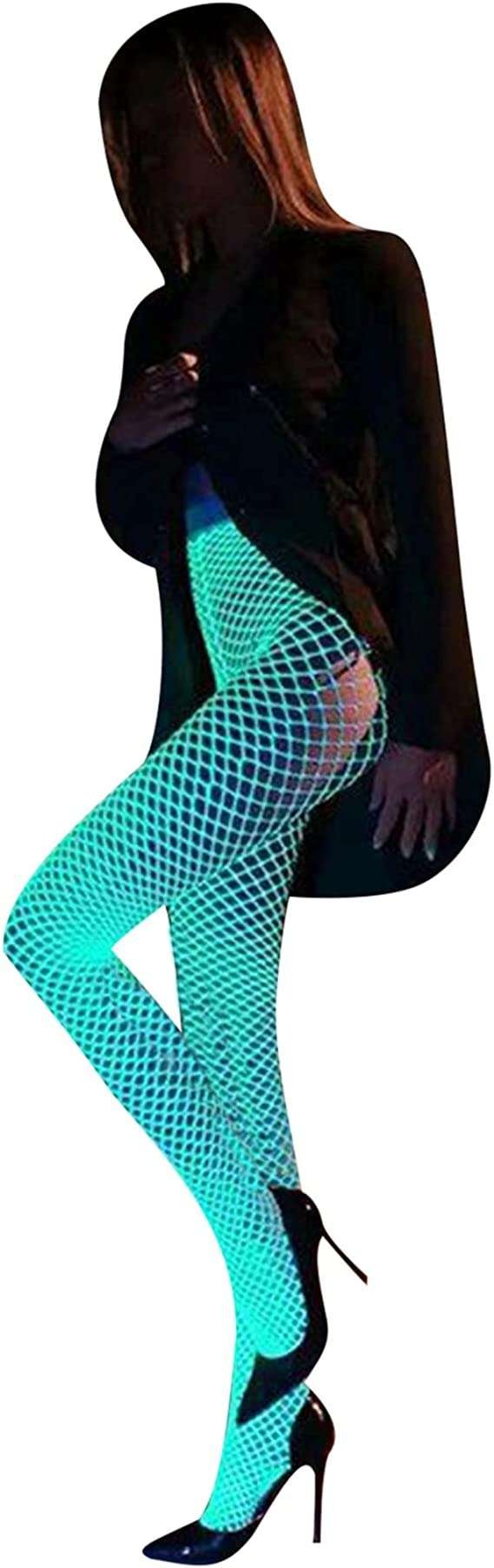 Owl's-Yard Women's Luminous Fishnet Stockings Glow in the Dark Fishnet High Waist Tights Sexy Sparkle Pantyhose