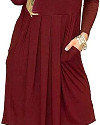 AUSELILY Women's Long Sleeve Pleated Loose Swing Casual Dress with Pockets Knee Length