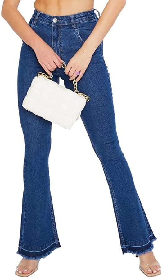 JMOJO - Flared Jeans for Women - High Waisted Jeans with Internal Waist Adjusters - Stretch Jeans for Women UK with 5 Pocket Design & Belt Loops - High Rise Frayed Hem Flared