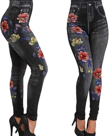 Hustar Womens Sexy Imitated Denim Jeans Leggings Jeggings Skinny Pants High Waisted Printed Flowers Pants