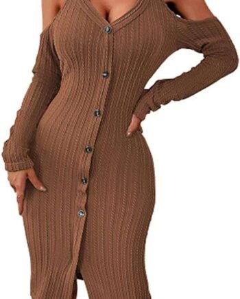 XIAOCILAO Women's Sexy Off-Shoulder Long Sleeve Knit Dress V Neck Slim Dress
