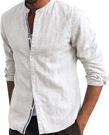 FUERI Mens Long Sleeve Shirt Cotton Linen Shirt Grandad Casual Banded Button Lightweight Summer Tops