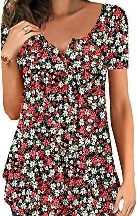 Womens Casual Blouses Tops Loose Pleated Floral Tunic Shirts for Women UK V Neck Button Up Henleys