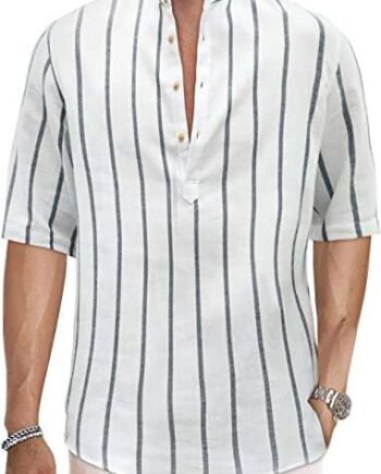 Meilicloth Mens Short Sleeve Shirts Casual Cotton Henley Striped Shirt Summer Hippie Beach T Shirts Tops Regular Fit