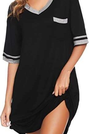 Vlazom Women's Sleep Shirt V Neck Nightgown Oversized Chic Nightdress Short Sleeve Boyfriend Baggy PJ Loungwear Sleepwear