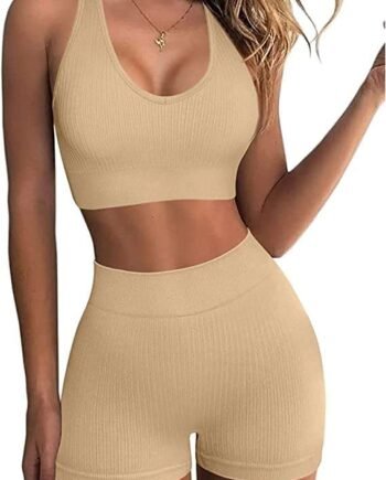 JN JANPRINT Women's Gym 2 Piece Sets High Waisted Ribbed Yoga Shorts Seamless Sports Bra Workout Outftis Exercise Activewear Set