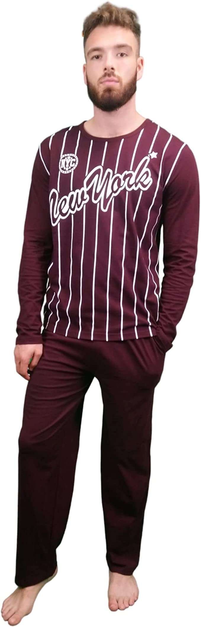 KRUXADER Mens Pyjamas Set | 100% Cotton PJs | With Pants & Long Sleeve Top | Elastic Waistband and Drawstring