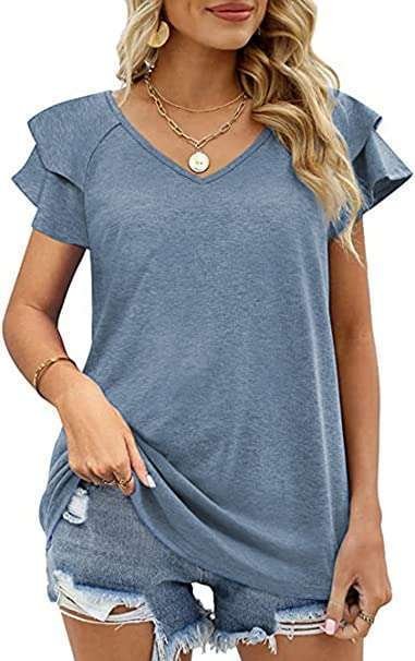 SURVEAL Women Tops V Neck Ruffle Sleeve Summer Casual T Shirts Loose fit Ladies Tops Blouses