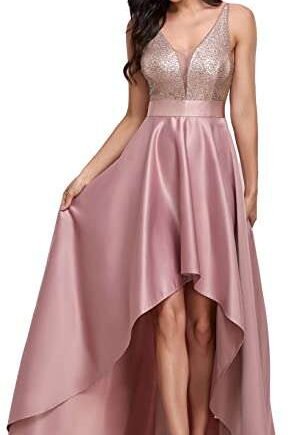 Ever-Pretty Women's V Neck Elegant A Line Hi-Low Empire Waist Satin Skirt Long Prom Dresses with Sequin 00667