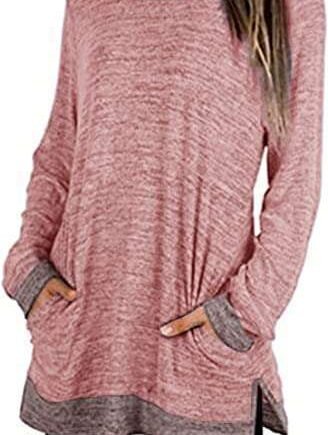 Famulily Color Block Jumper Sweatshirt for Women Crewneck Split Side Cotton Long Sleeve Baggy Tops Tee Shirts with Pockets
