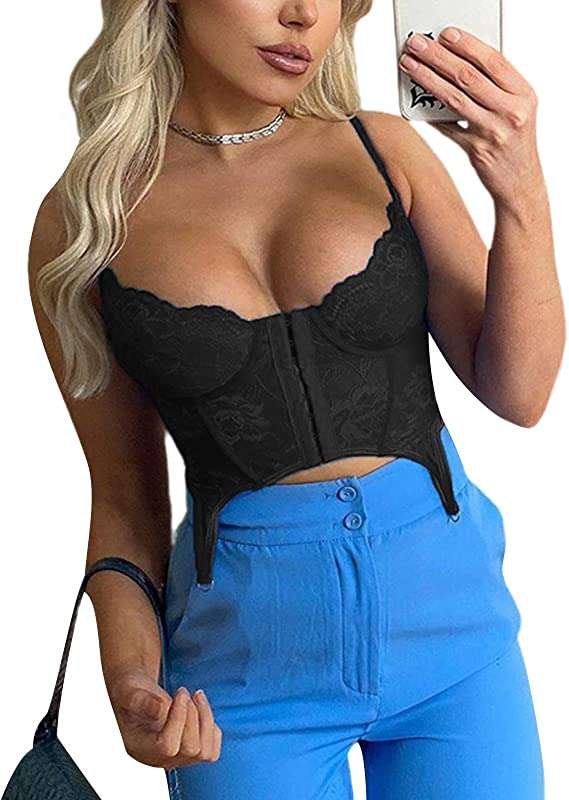 Sunfanrtnn Women's Y2k Lace Corset Tops Sleeveless Spaghetti Strap Bustier Cami Tanks Push Up Corset Crop Top Vintage Streetwear