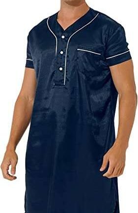 Doomiva Men's Silk Satin Nightshirt Soft Nightgowns Short Sleeve Button Curved Hemline Pullover Nightwear