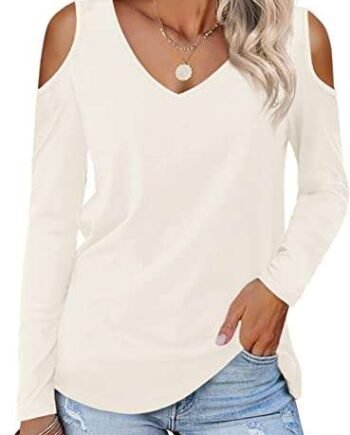 BeLuring Women's Casual Cold Shoulder Shirt V Neck Long Sleeve Blouse Tops