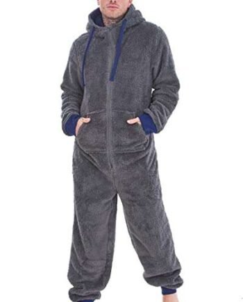 GKeanu Mens Thick Snuggle Hooded Onesie - Warm Fleece Onesie with Zip Contrast Trim - Black. Navy, Charcoal - S M L XL