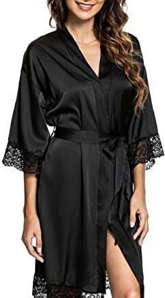 heekpek Womens Dressing Gown Satin Kimono Robe Lace Trim Bathrobe Nightgown Sexy Nightdress Nightwear Bridesmaid Robes