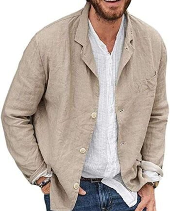 Men's Cotton and Linen Casual Blazer Three Buttons Solid Color Loose Suit Jacket