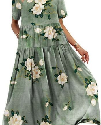 YESNO Women Dresses Casual Plus Size Bohemian Short Sleeve Floral Long Maxi Summer Beach Swing Dress/Pockets EJFUK