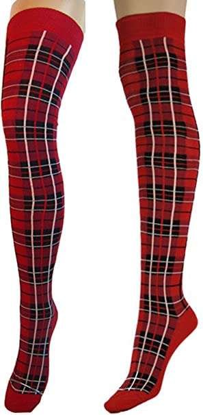 Tartan Check Pattern, Designer Over The Knee Socks, Ladies Tartan Pattern Casual Over Knee Socks (Red)