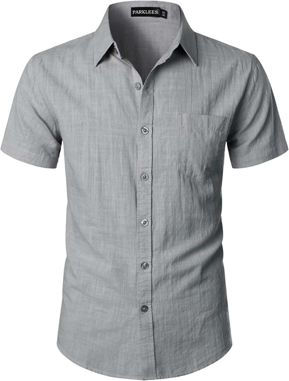 PARKLEES Men's Cotton Linen Casual Short Sleeve Button Up Shirts with Pocket