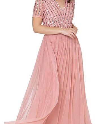 Maya Deluxe Women's Maxi Dress Ladies Bridesmaid V-Neck Ball Gown Short Sleeves Long Elegant Empire Waist Wedding