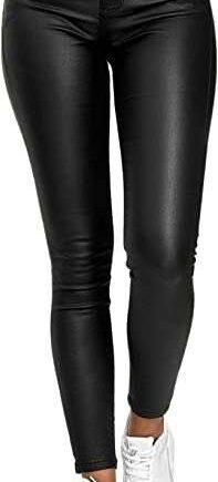 FeMereina Women's Stretchy Faux Leather Leggings High Waisted Sexy Tights Black PU Bodycon Pants with Pockets