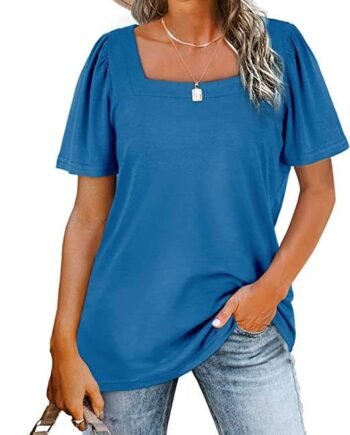 Aokosor T Shirts for Women Square Neck Tops Ladies Puff Sleeve Summer Casual Tee