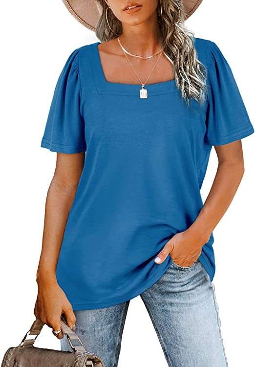 Aokosor T Shirts for Women Square Neck Tops Ladies Puff Sleeve Summer Casual Tee
