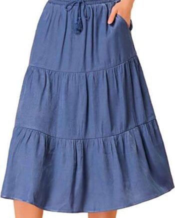 Allegra K Women's High Waist Drawstring Waist Flowy Tiered A-Line Pleated Midi Skirt with Pockets
