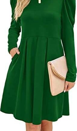 Aokosor Womens Casual Dress Gigot Long Sleeve Dress Ladies Pleated Tunic Dress with Pockets