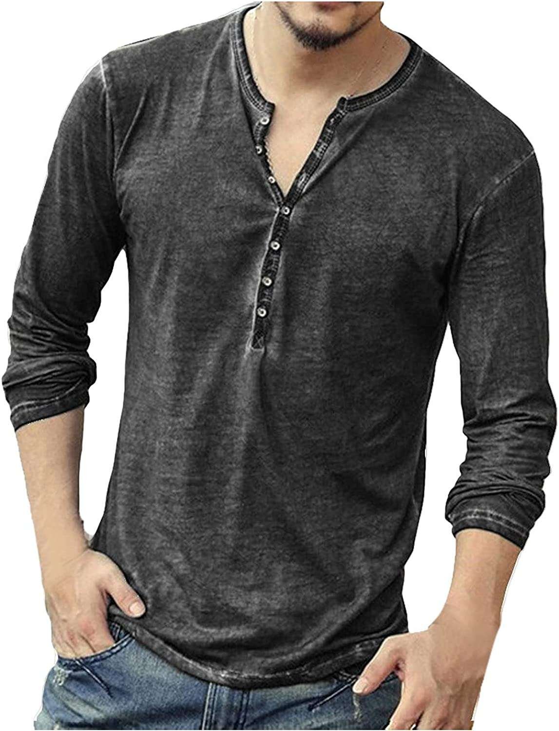 Mens Distressed Henley Shirts Front Placket Retro Long Sleeve Tee Shirts V Neck Casual Button Up Washed T-Shirts