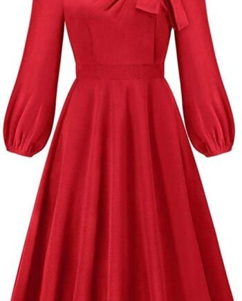 XIAOCILAO Women's Elegant Long-Sleeved Dress Round Neck Bow A-Line Mid-Length Dress
