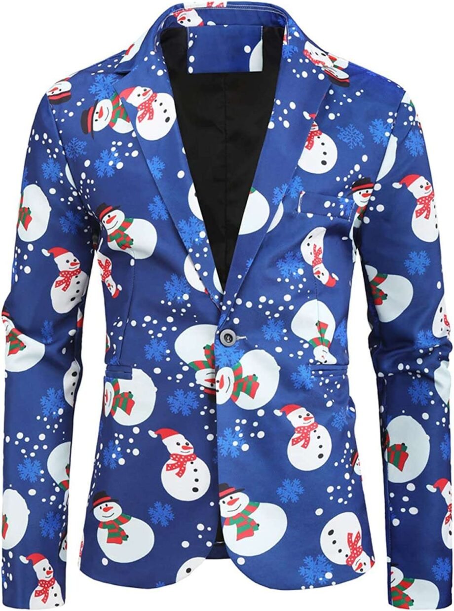 Funny Xmas Santa Snowman Print Blazer Single Breasted Floral Suit Jacket Ugly Xmas Snowflake Print Tuxedo Suit Fashion