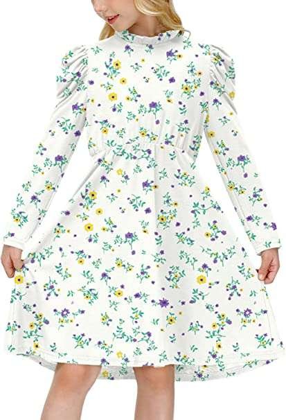 BesserBay Girls Dress Long Sleeve Dress Basic A-line Dress with Ruffled Collar 3-12 Years