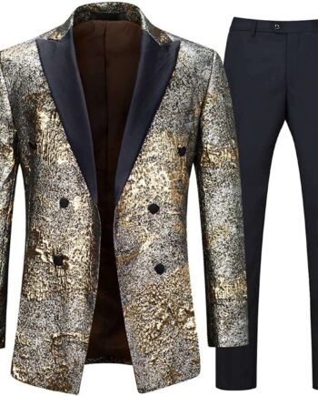 Sliktaa Mens Suits 2 Pieces Luxury Blazer Shiny Sequins Wedding Notched Lapel Gold Silver Tuxedo Jacket and Trouser