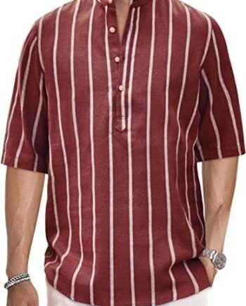 Meilicloth Mens Short Sleeve Shirts Casual Cotton Henley Striped Shirt Summer Hippie Beach T Shirts Tops Regular Fit