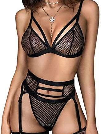 Aranmei Sexy Lingerie Set for Women 4 Piece Lingerie with Garter Belt and Suspender Strappy Mesh Bra and Panties Sets High Waisted Lace Underwear Babydoll Teddy Lingerie Set