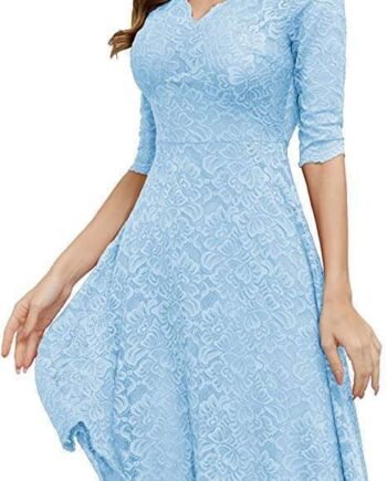 JASAMBAC Women's V Neck Lace Vintage Formal Wedding Guest Cocktail Party Dress