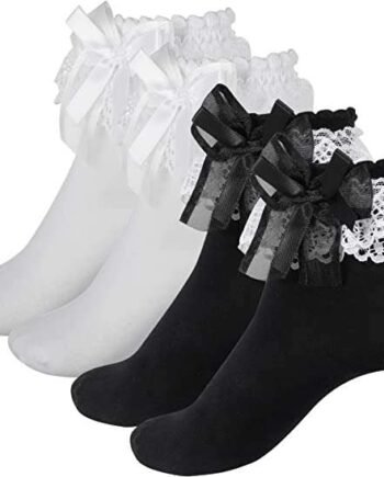 Dacitiery 2 Pairs Women's Ruffle Socks, Lace Ruffle Socks, Cute Opaque Frilly Socks Stylish Princess Socks Dress Socks for Women Girls