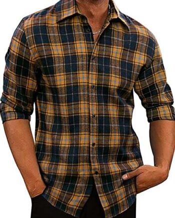 APOONABA Mens Shirts, Flannel Shirt Men Plaid Casual Long Sleeved Shirt Checked Button Down Regular Fit Shirts for Men Adult Gifts for Men
