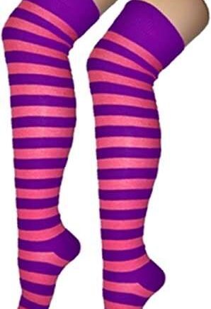 New Ladies Overknee Long Rainbow Multi Colour Stripe Print Womens Thigh High Striped Cotton Over Knee Socks By Angies Fashion Ltd (PURPLE/PINK)