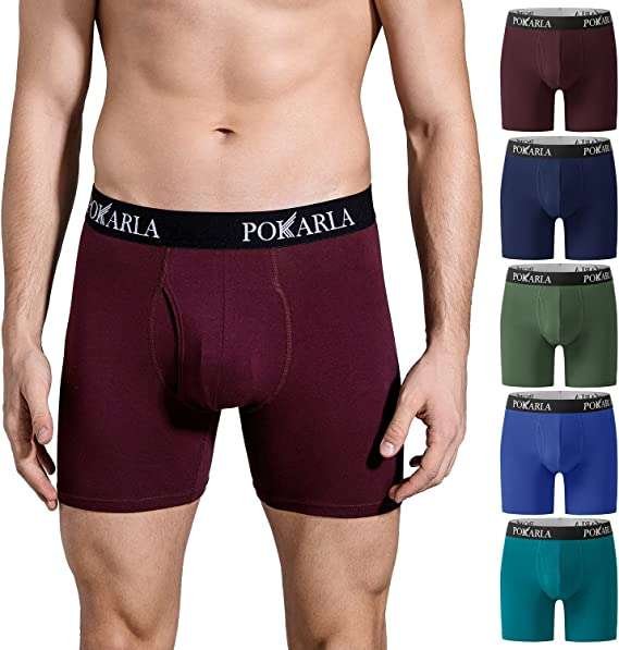 POKARLA 5 Pack Men's Stretch Boxer Briefs Soft Cotton Open Fly Tagless Underwear Regular Leg
