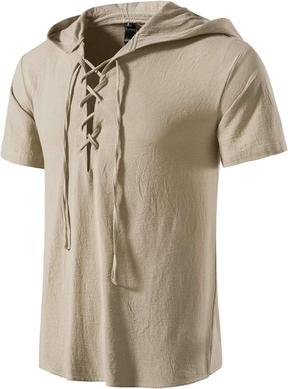 LucMatton Men's Cotton Traditional Retro Style Lace up Short Sleeve Shirts for Medieval,Viking,Hippie Matching