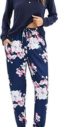 Famulily Pyjamas for Women V Neck Buttons Down Floral Pjs Cotton Long Sleeve Nightwear Casual Jogger Pants with Pockets S-XXL
