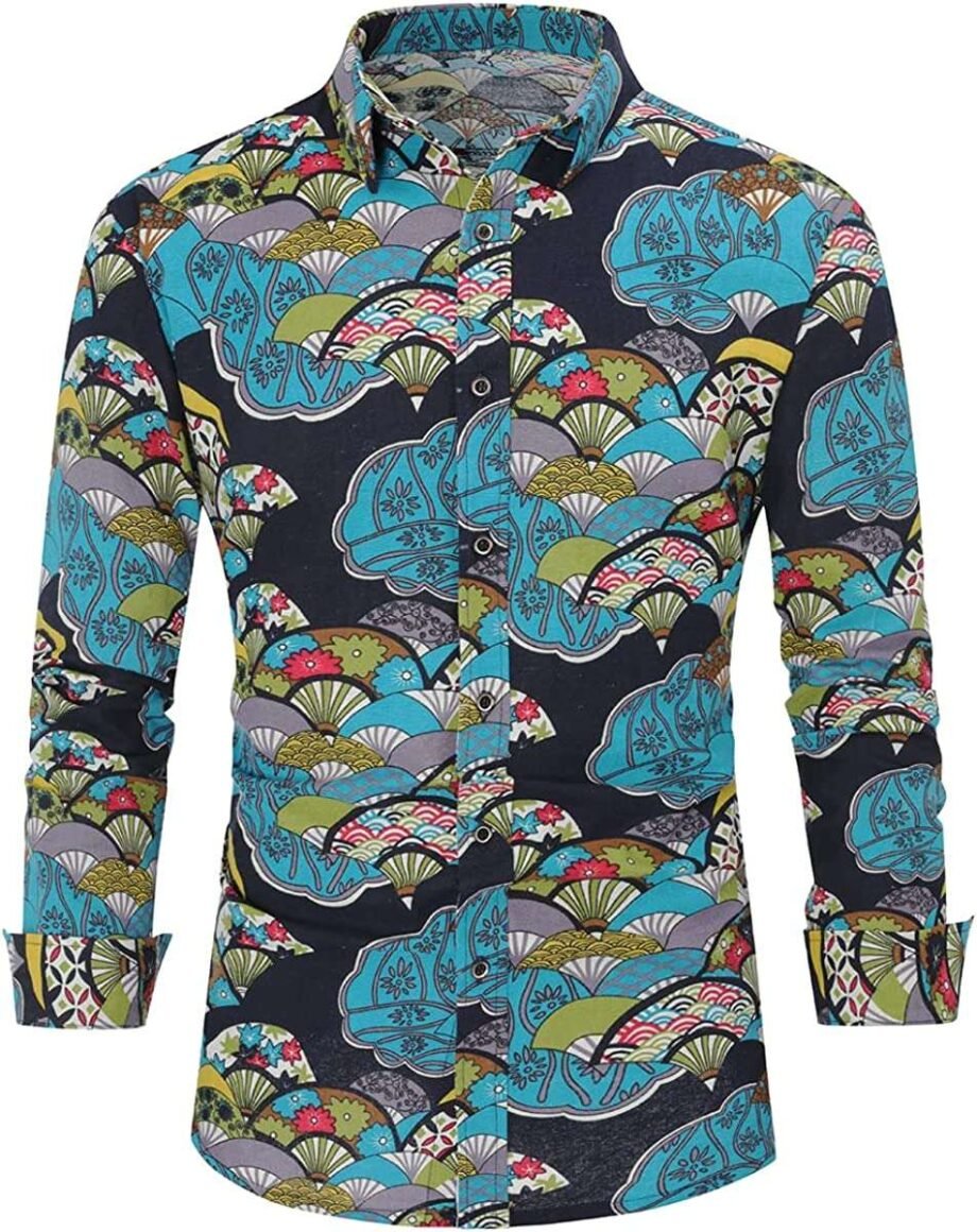 Allthemen Mens Casual Printed Shirts Long Sleeve Paisley Funky Printed Linen Shirt Button Down Dress Shirt Tops Unique Pattern