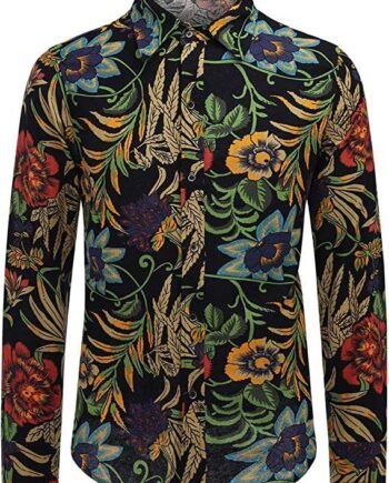 Allthemen Mens Casual Printed Shirts Summer Long Sleeve Linen Shirt Funky Floral Hawaiian Shirt
