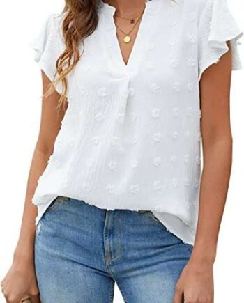 Blooming Jelly Womens White T-Shirts Chiffon Blouse V Neck Ruffle Sleeve Summer Tops