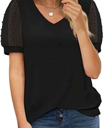 Aokosor T Shirts for Women V Neck Tops Ladies Swiss Dot Puff Sleeve Summer Tee