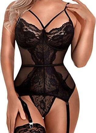 Aranmei Women Sexy Lingerie Set with Garter Belt Lace Teddy Bodysuit V Neck Babydoll Set with Panty